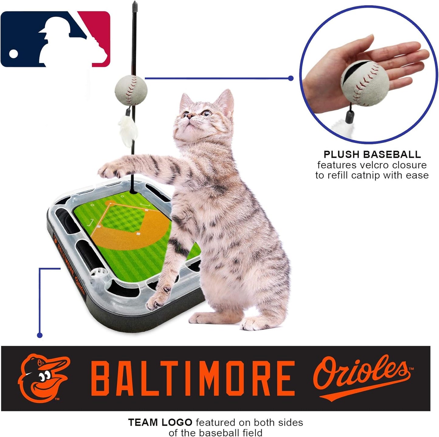 Cat Scratching Toy MLB LOS ANGELES ANGELS Baseball Field Cat Scratcher Toy with Interactive Cat Ball Bell in Tracks. 5-In-1 CAT TOY: Cat Wand Poll with CATNIP FILLED Plush Baseball & Feathers.