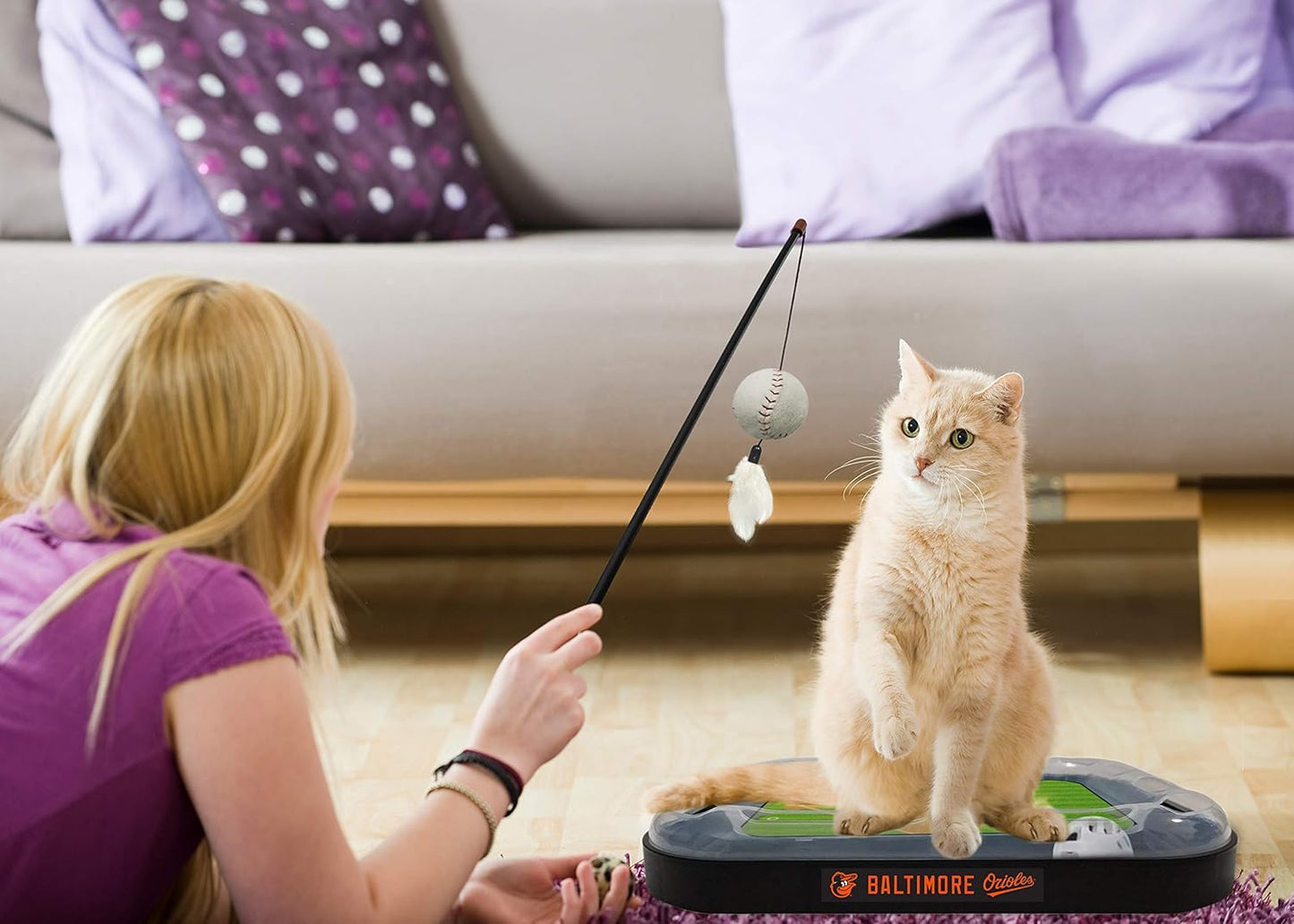 Cat Scratching Toy MLB LOS ANGELES ANGELS Baseball Field Cat Scratcher Toy with Interactive Cat Ball Bell in Tracks. 5-In-1 CAT TOY: Cat Wand Poll with CATNIP FILLED Plush Baseball & Feathers.