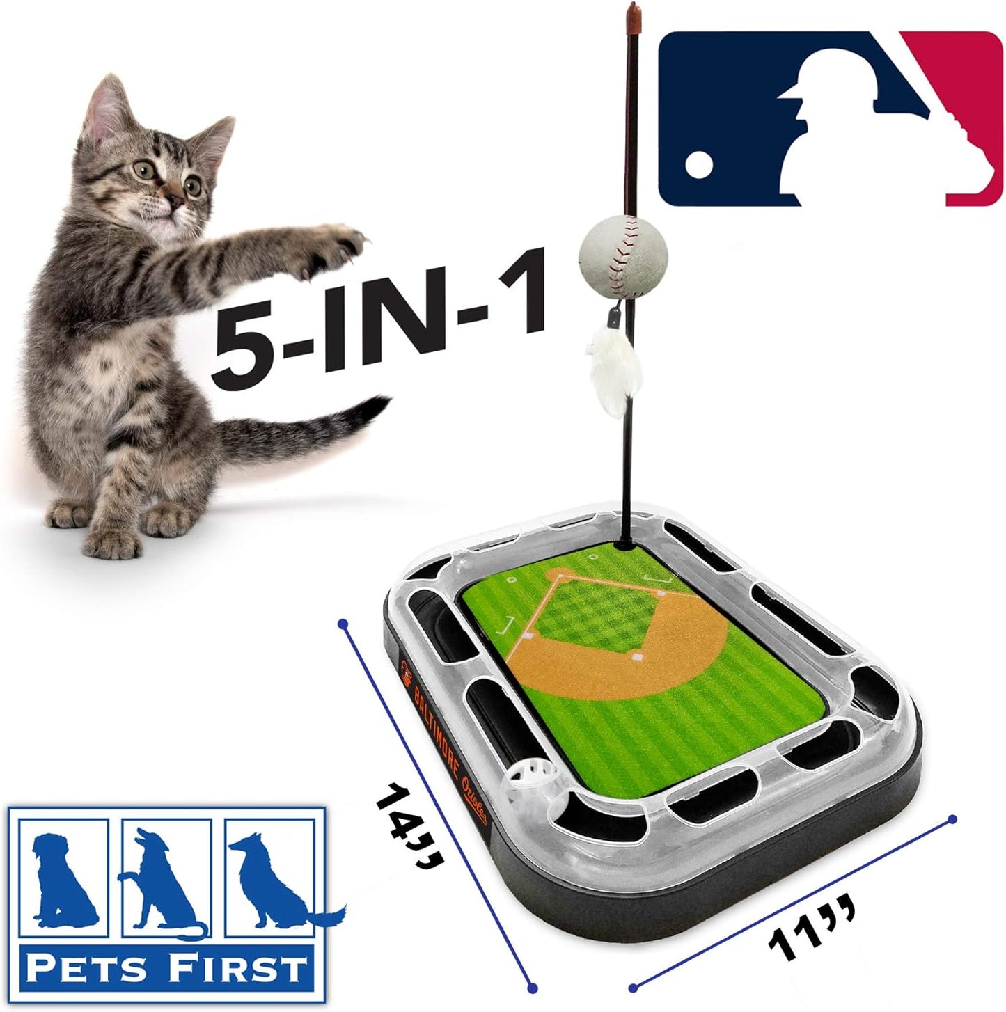 Cat Scratching Toy MLB LOS ANGELES ANGELS Baseball Field Cat Scratcher Toy with Interactive Cat Ball Bell in Tracks. 5-In-1 CAT TOY: Cat Wand Poll with CATNIP FILLED Plush Baseball & Feathers.