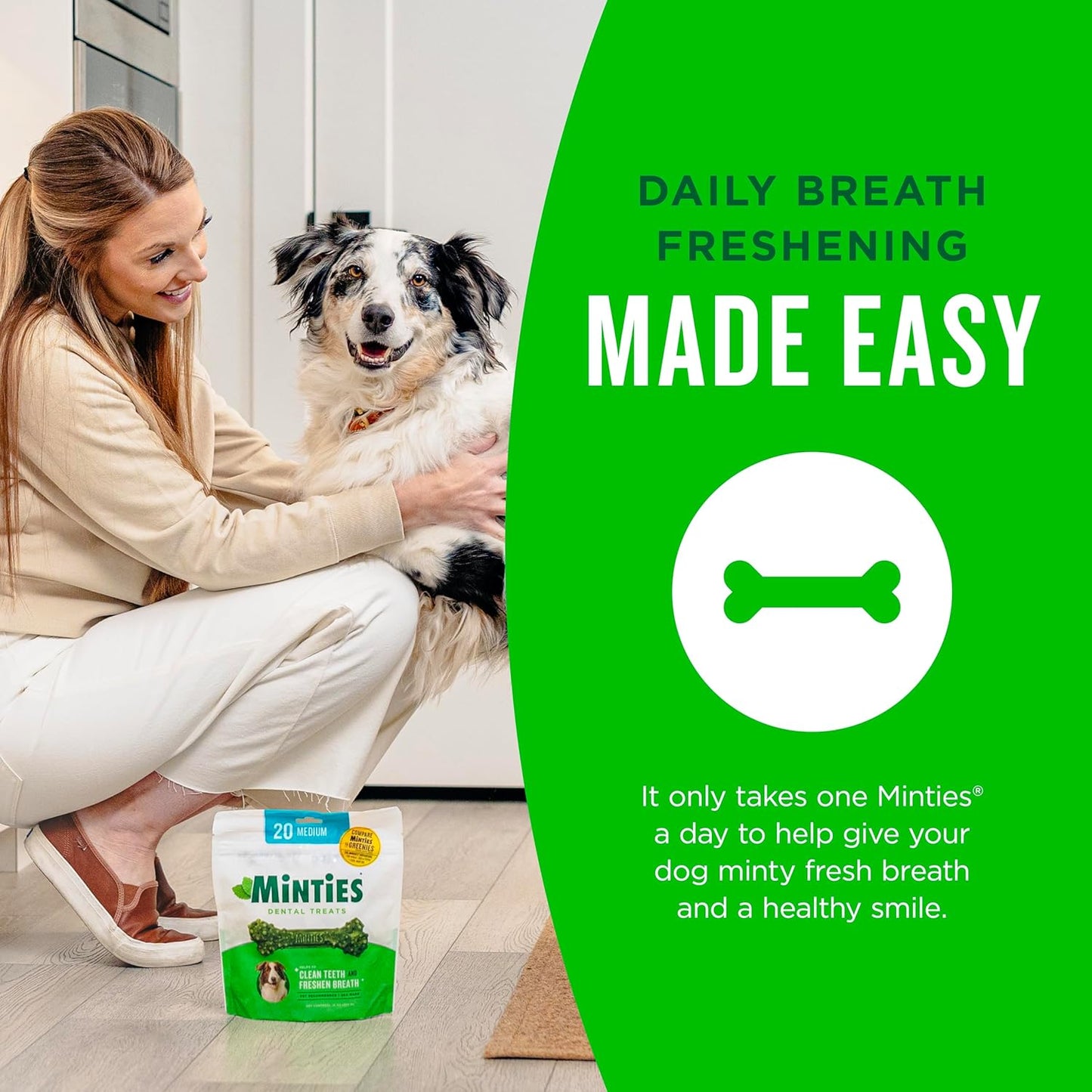 Minties Dental Chews for Medium Dogs (25-50 lbs) - 20 Count, Vet-Recommended Mint-Flavored Treats for Dental Health, Freshens Breath, and Reduces Plaque and Tartar