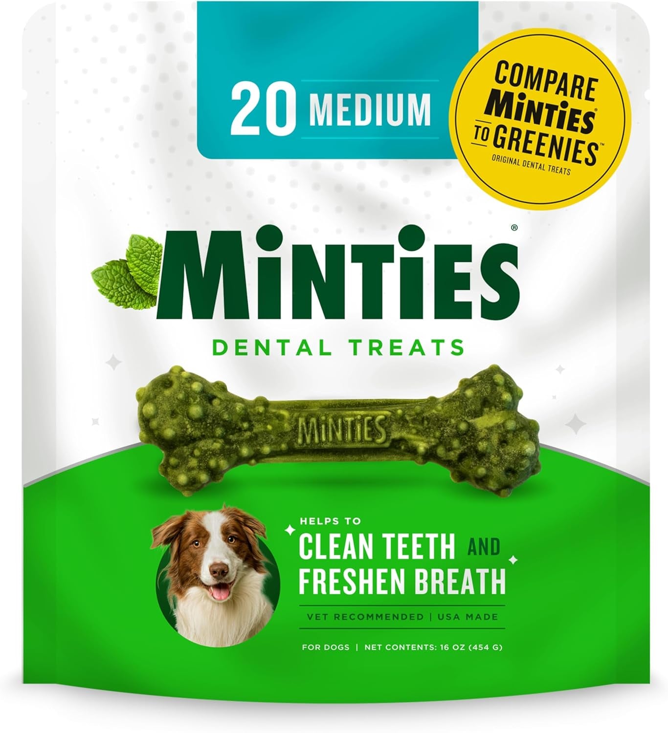 Minties Dental Chews for Medium Dogs (25-50 lbs) - 20 Count, Vet-Recommended Mint-Flavored Treats for Dental Health, Freshens Breath, and Reduces Plaque and Tartar