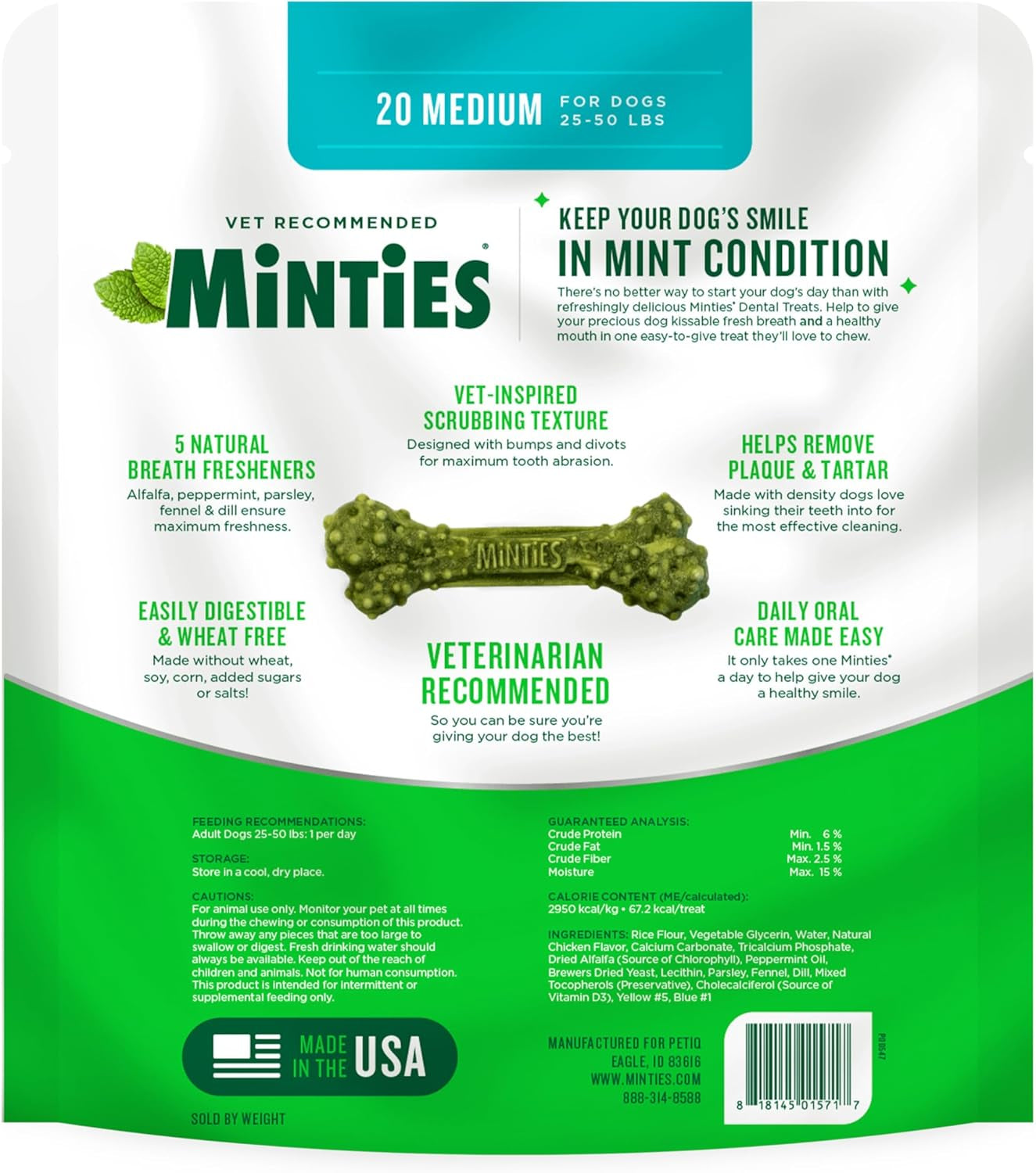 Minties Dental Chews for Medium Dogs (25-50 lbs) - 20 Count, Vet-Recommended Mint-Flavored Treats for Dental Health, Freshens Breath, and Reduces Plaque and Tartar