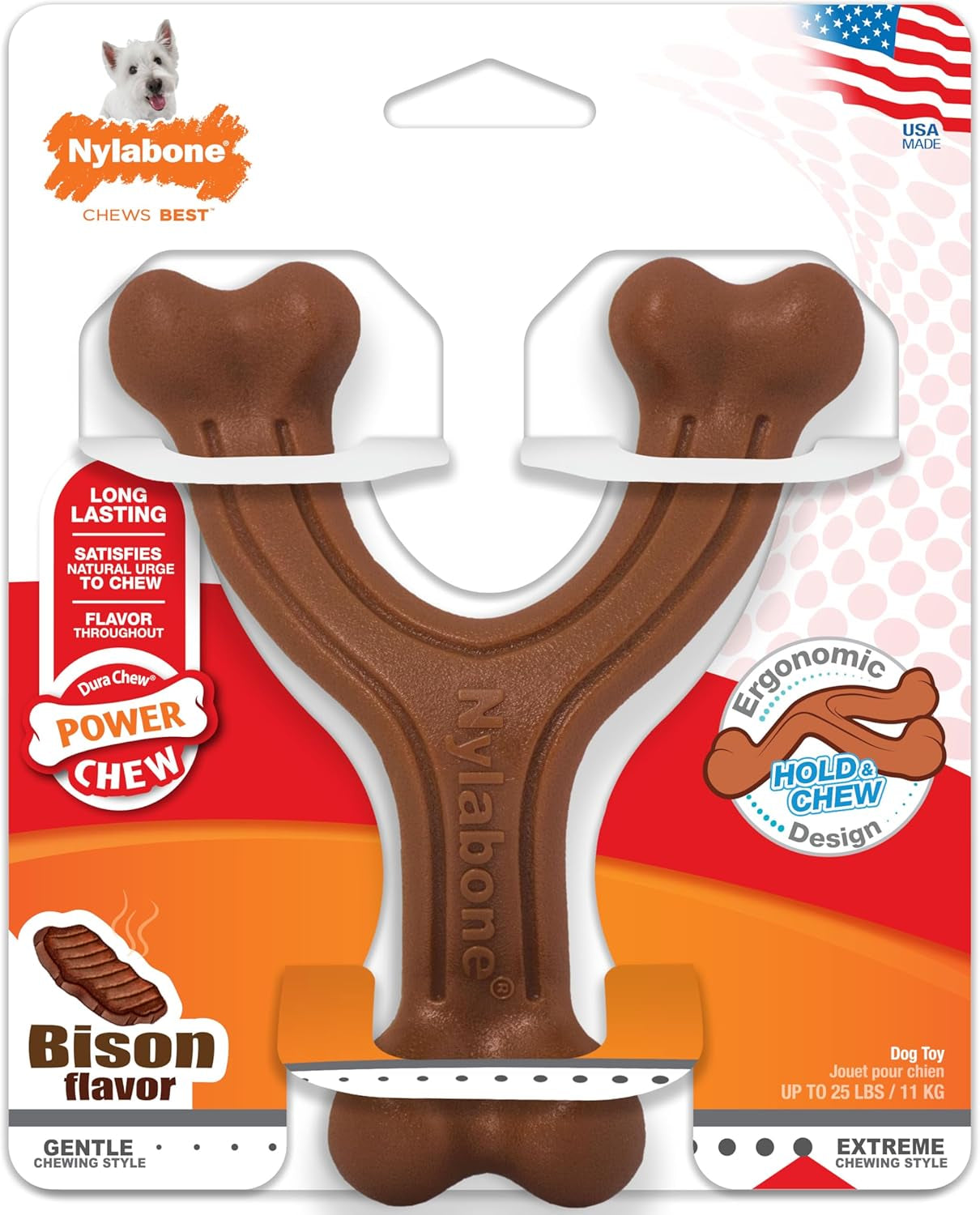 Nylabone Ergonomic Wishbone Power Chew Toy for Aggressive Chewers, BISON Flavor, Small (up to 25 lbs), 1 Count
