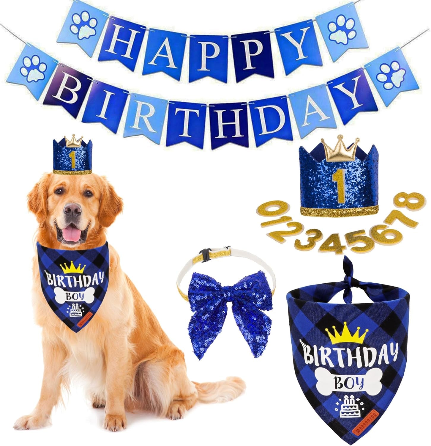 ADOGGYGO Dog Birthday Bandana Scarf and Blue Boy Pet Birthday Party Hat with Cute Bow Tie for Medium Large Dog Pet (Large)