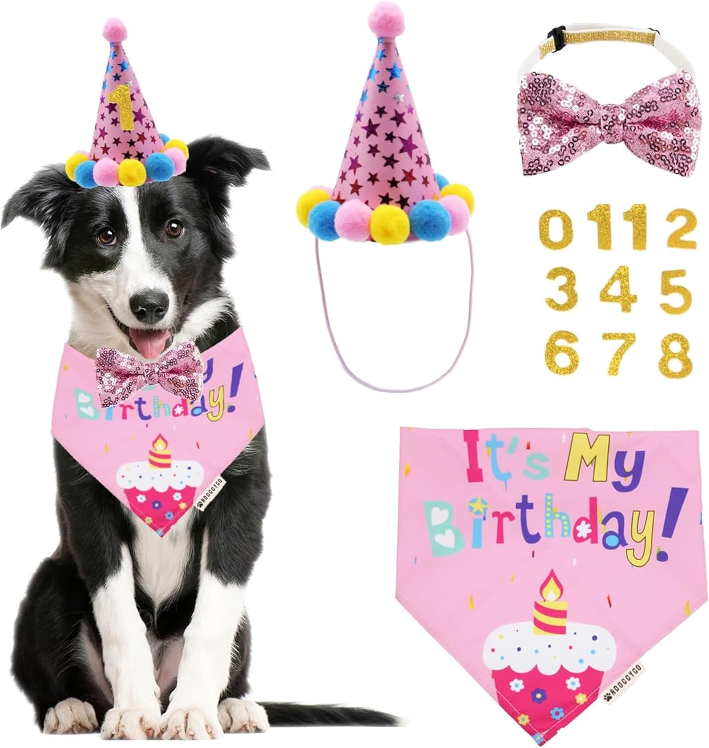 ADOGGYGO Dog Birthday Bandana Scarf and Blue Boy Pet Birthday Party Hat with Cute Bow Tie for Medium Large Dog Pet (Large)