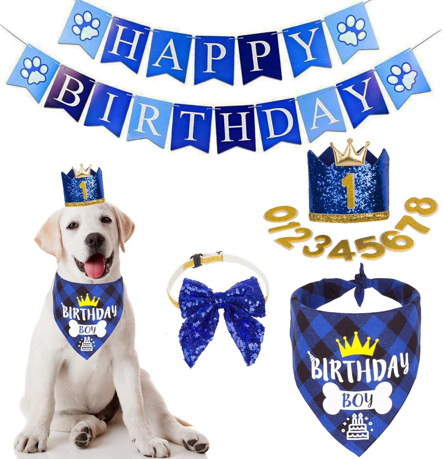 ADOGGYGO Dog Birthday Bandana Scarf and Blue Boy Pet Birthday Party Hat with Cute Bow Tie for Medium Large Dog Pet (Large)
