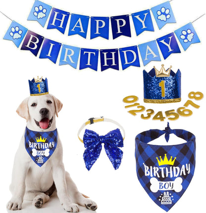 ADOGGYGO Dog Birthday Bandana Scarf and Blue Boy Pet Birthday Party Hat with Cute Bow Tie for Medium Large Dog Pet (Large)