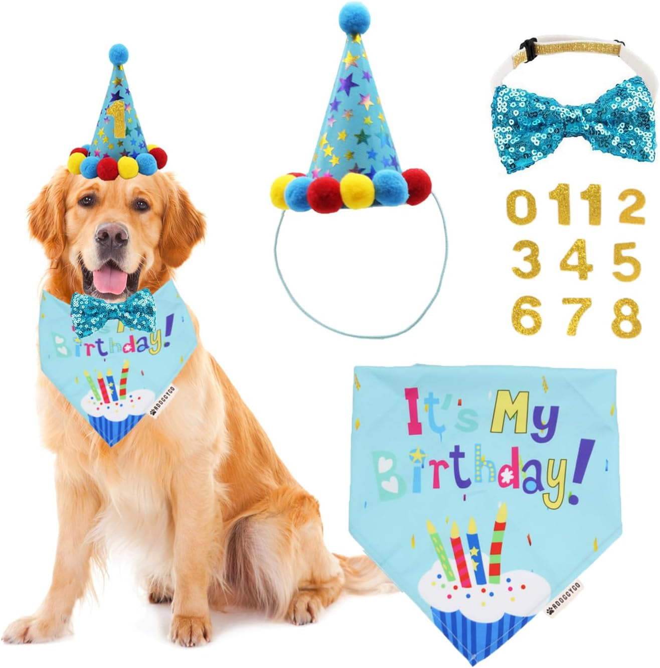 ADOGGYGO Dog Birthday Bandana Scarf and Blue Boy Pet Birthday Party Hat with Cute Bow Tie for Medium Large Dog Pet (Large)