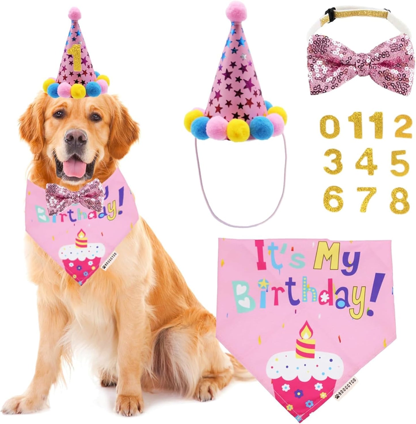 ADOGGYGO Dog Birthday Bandana Scarf and Blue Boy Pet Birthday Party Hat with Cute Bow Tie for Medium Large Dog Pet (Large)