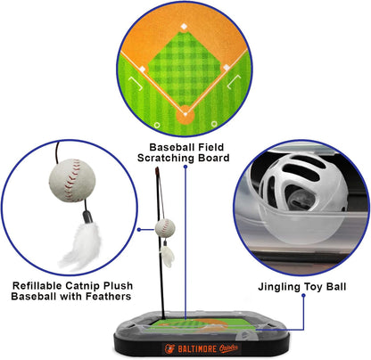 Cat Scratching Toy MLB LOS ANGELES ANGELS Baseball Field Cat Scratcher Toy with Interactive Cat Ball Bell in Tracks. 5-In-1 CAT TOY: Cat Wand Poll with CATNIP FILLED Plush Baseball & Feathers.