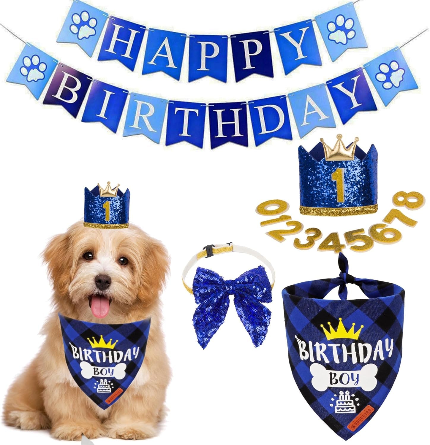 ADOGGYGO Dog Birthday Bandana Scarf and Blue Boy Pet Birthday Party Hat with Cute Bow Tie for Medium Large Dog Pet (Large)