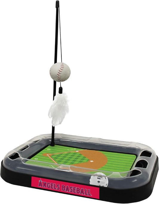 Cat Scratching Toy MLB LOS ANGELES ANGELS Baseball Field Cat Scratcher Toy with Interactive Cat Ball Bell in Tracks. 5-In-1 CAT TOY: Cat Wand Poll with CATNIP FILLED Plush Baseball & Feathers.