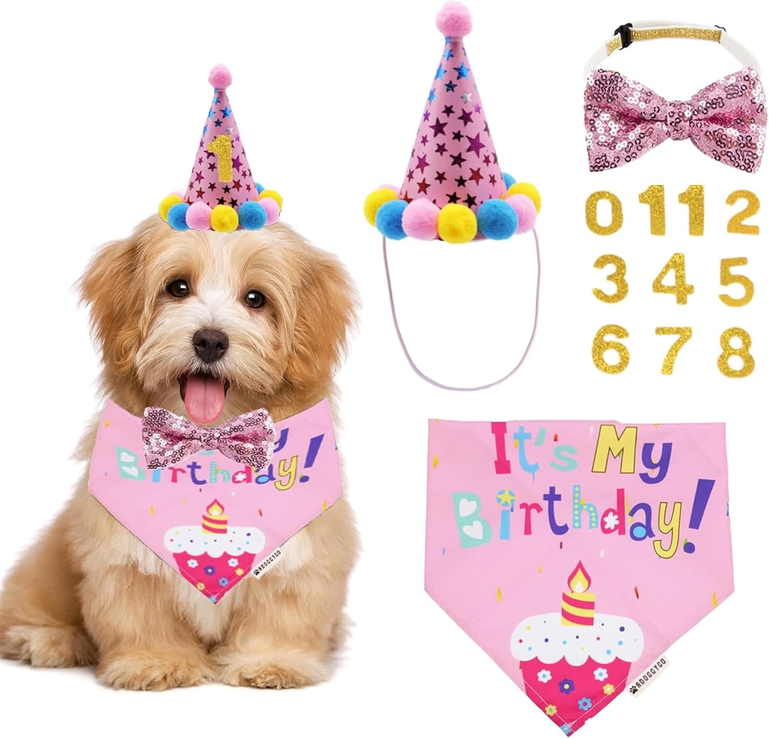 ADOGGYGO Dog Birthday Bandana Scarf and Blue Boy Pet Birthday Party Hat with Cute Bow Tie for Medium Large Dog Pet (Large)