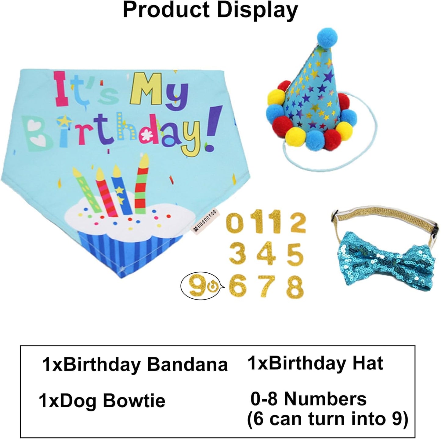 ADOGGYGO Dog Birthday Bandana Scarf and Blue Boy Pet Birthday Party Hat with Cute Bow Tie for Medium Large Dog Pet (Large)