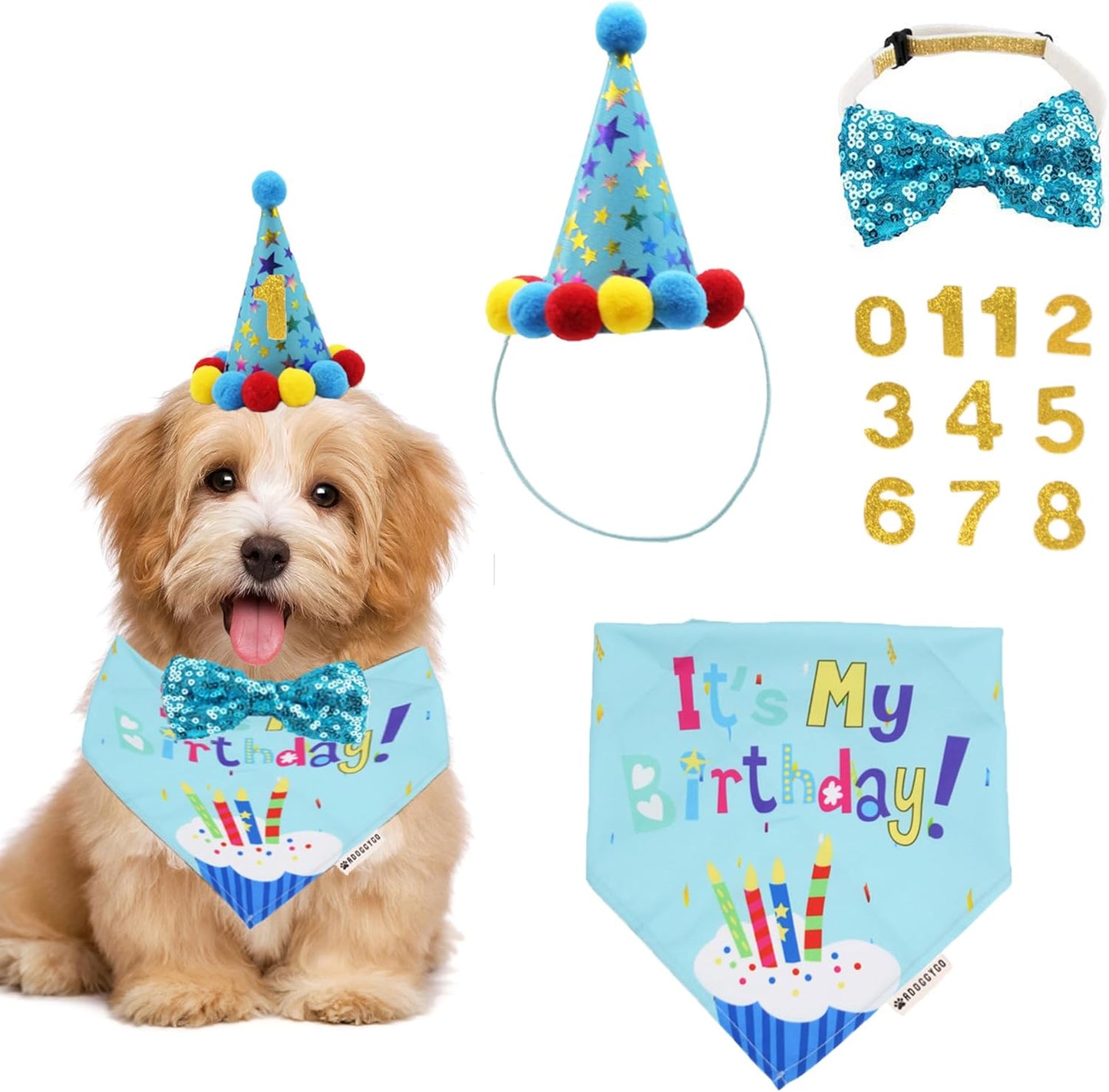 ADOGGYGO Dog Birthday Bandana Scarf and Blue Boy Pet Birthday Party Hat with Cute Bow Tie for Medium Large Dog Pet (Large)